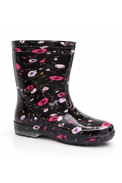 fafatara Kadın Siyah Çiçekli Su Geçirmez Yağmur ve Bahçe Çizmesi – Kaymaz Tab...