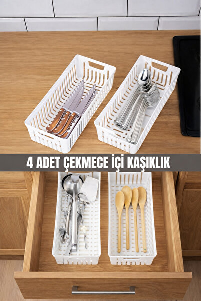 Metsar Home 4’lü Beyaz Mutfak Çekmece Düzenleyici – Kaşık Çatal Bıçak Organiz...