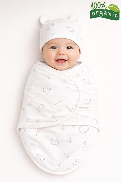 moukou 0-4 Months Baby 100% Cotton Swaddle and Hat Velcro Fastener Soft Combe...