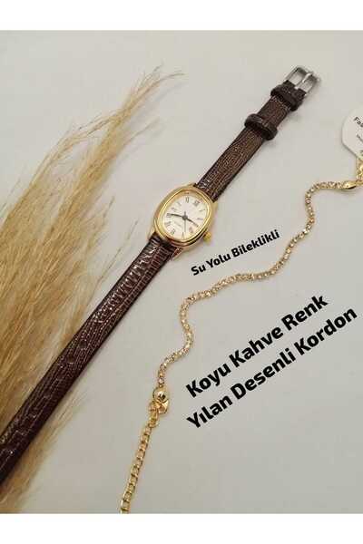 Brality ساعة يد نسائية بتصميم عتيق بسيط - هيكل ذهبي اللون - حزام بنمط ثعبان ب...