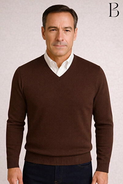 BURSPA Winter V-Neck Thin Wool Brown Dad Sweater