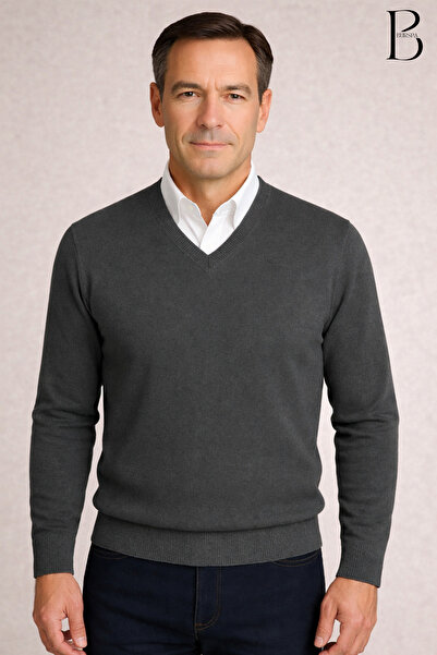 BURSPA Winter V-Neck Thin Wool Dark Gray Dad Sweater
