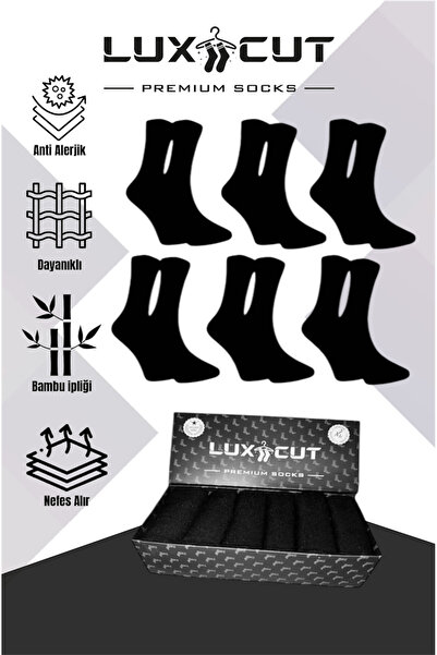 LUXCUT Bambu Erkek Soket Uzun Düz Dikişsiz Kutulu 6 Çift Siyah Çorap
