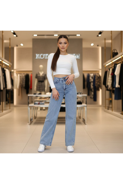 viking's line Açık Mavi Kar Yıkama Likralı Palazzo Salaş Paça Yüksek Bel Jean...