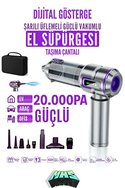 MİHASE 20.000 PA Dijital Üflemeli Güçlü Vakumlu Ev Ofis Araç Süpürgesi El Süp...
