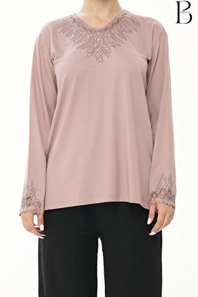 BURSPA Yaka Ve Kol Ucu Tül Detaylı Taş Işlemeli Gül Kurusu Anne Penye Bluz