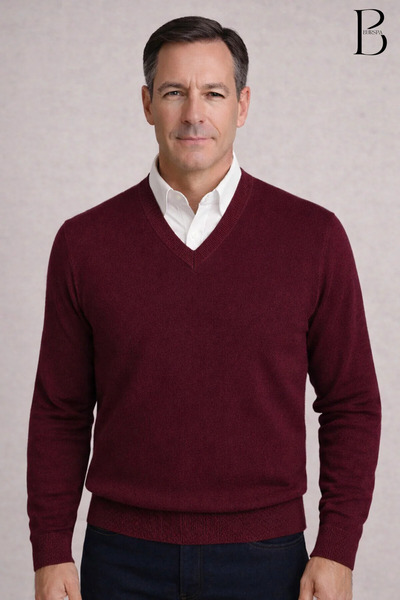 BURSPA Winter V-Neck Thin Wool Burgundy Dad Sweater