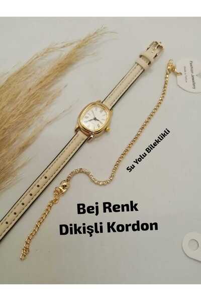 QUARTZ Retro Beige Color Stitched Cord Classic Vintage Model Oval Gold Case W...