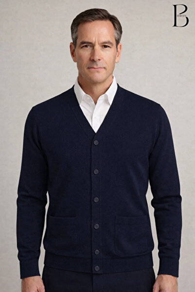 BURSPA Kışlık Cepli Düz Ince Yün Lacivert Baba Ceket