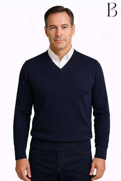 BURSPA Zimski tanki V-izrez Vuna tamnoplavi pulover za tate