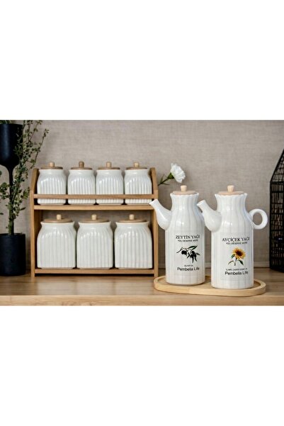 Pembelia Life Bambu Standlı 2’li Porselen Yağdanlık Ve 7’li Standlı Baharatlı...