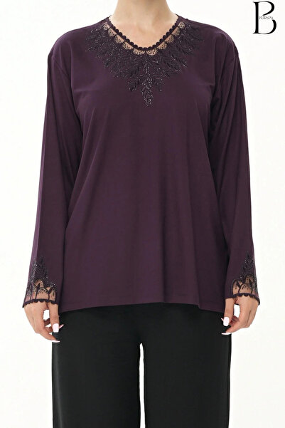 BURSPA Bluză mov din bumbac pieptănat Mother cu detaliu din tul pe guler și c...