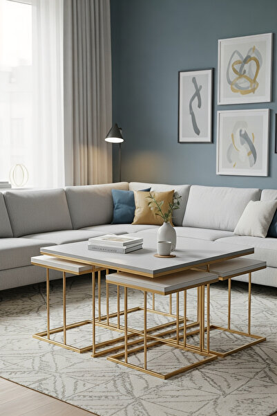 usta mekan Star 5 li Gold Beyaz Yavrulu 4+1 Kare Orta Sehpa