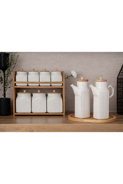 Pembelia Life 10 Parça Bambu Standlı 2’li Porselen Yağdanlık Ve 7’li Standlı Baharatlık Seti Baharatlık Takımı