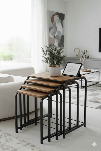 usta mekan Demet 4 lü Siyah - Atlantik Çam Dikdörtgen Tepsi Zigon Sehpa