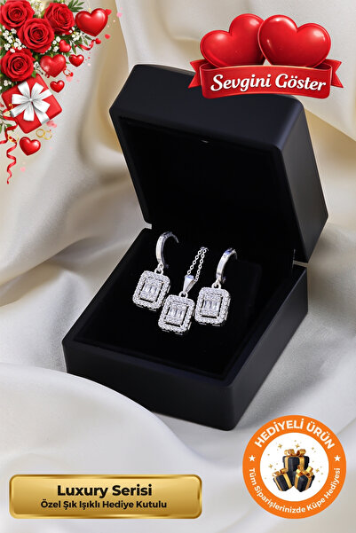 Lucente Jewellery Hediye Kutulu Baget Taşlı Kolye & Küpe 925 Ayar Gümüş Kapla...