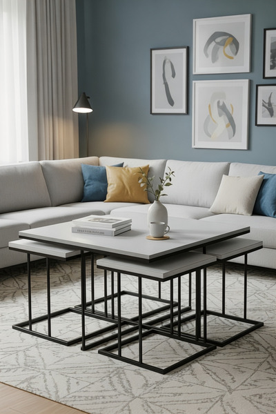 usta mekan Star 5 li Siyah Beyaz Yavrulu 4+1 Kare Orta Sehpa