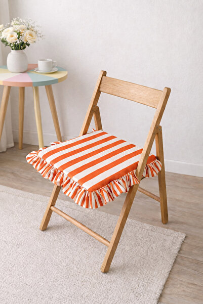 RİTMOHOME Turuncu Krem Çizgili Fırfırlı Marin, Vintage, Yaz, Iskandinav, Bohe...
