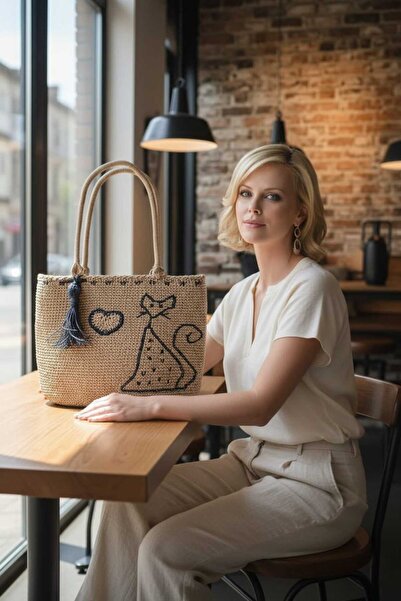 Örgü Sanatı El Örgüsü Astarlı Kağıt Ip Kalpli Kedi Işlemeli Çanta