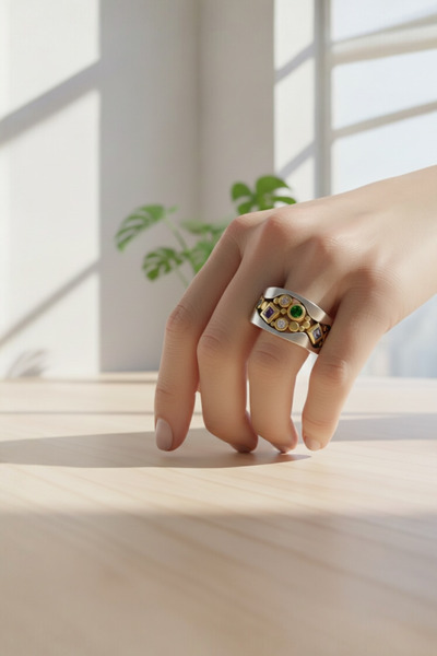 Sevil Gülgün Atelier Antik Dokulu Renkli Kristal Taşlı Yüzük - Zümrüt Yeşili ...
