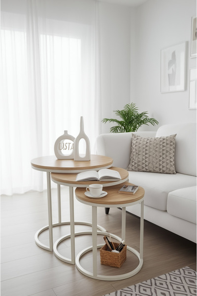 usta mekan Usta Krem Metal Antik Çam Ahşap Zigon Sehpa