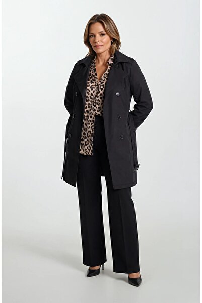 Spazio Pallaske Kruvaze Yaka Kuşaklı Cepli Trençkot SİYAH