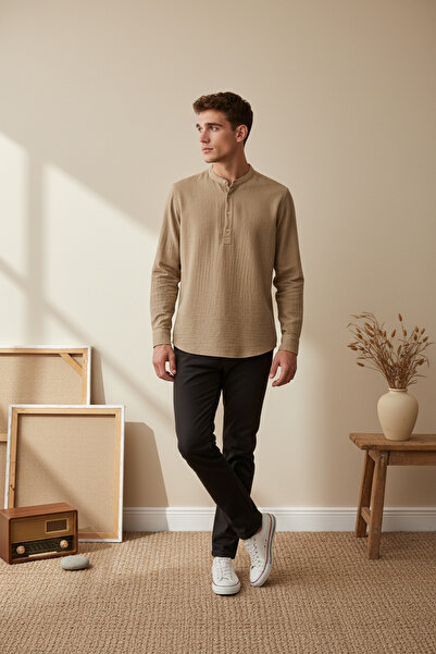 A&O Style Erkek Krem Oversize Hakim Yaka Yarım Pat Düğmeli Uzun Kollu Müslin ...