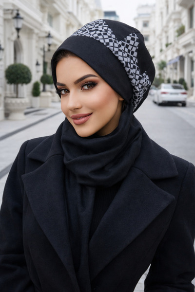 Aişe tesettür Căciulă musulmană cu garnitură alb-negru