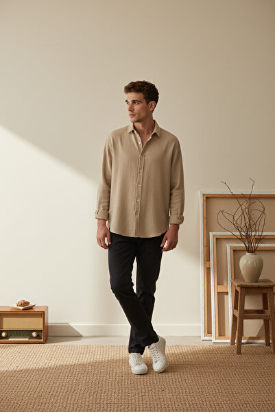 A&O Style Ανδρικό πουκάμισο από λινό με μακρυμάνικο μουσελίνα σε καφέ χρώμα