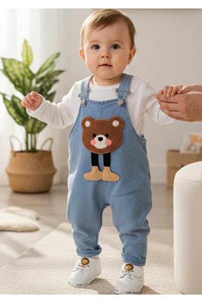 ALTINTAŞ BABY Pink Cheeked Teddy Bear with Rocking Feet, Denim Look Knitted F...