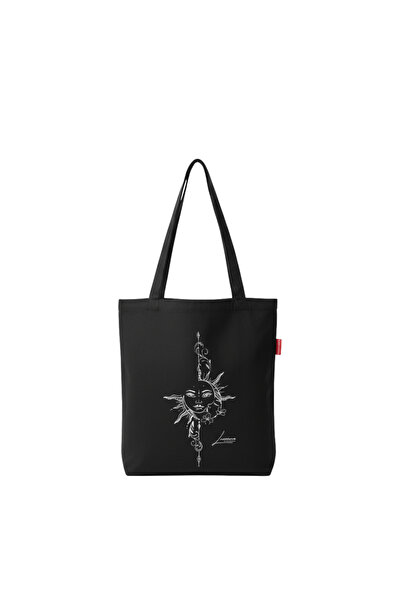 Baghashtag Ay ve Güneş Baskılı Siyah Bez Çanta