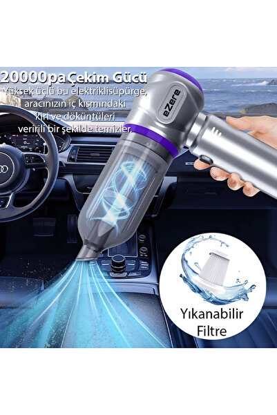 EZERE 7800 mAh Güçlendirilmiş Pil 20000pa Güçlü Portatif Vakumlu Kablosuz Üflemeli Mini Araç Süpürgesi