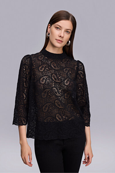 Naramaxx Dik Yaka Truvakar Kol Siyah Dantel Bluz