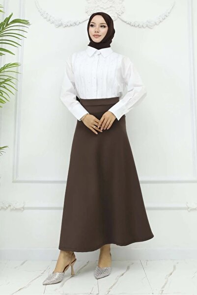 RFK Butik Women's Puff Scuba Elastic Waist Hijab Skirt - Brown