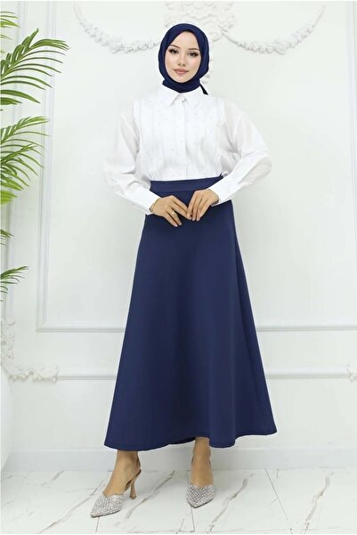 RFK Butik Women's Puff Scuba Elastic Waist Hijab Skirt - Navy Blue