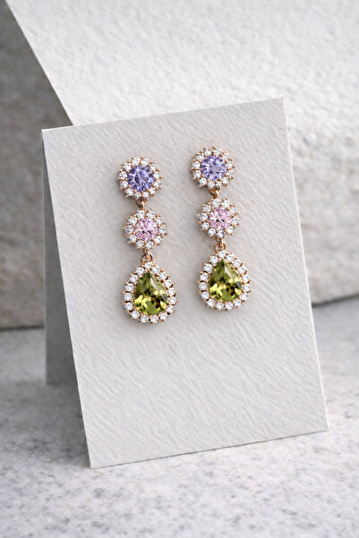 Owentis Çelik Renkli Kristal Taşlı Sallantılı Violet Küpe -kararma yapmaz-