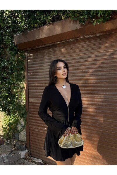 MERİKA ELEGANCE Sırt Dekolteli V Yaka İspanyol Kol Beli Kuşaklı Mini Elbise