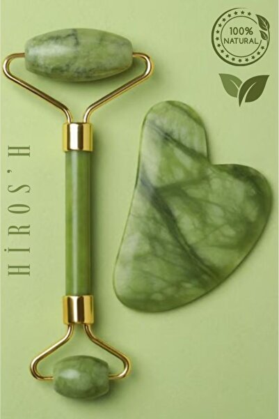 HİROS'H 2'li Set %100 Doğal Yeşim Taşı - Kalp Gua Sha Cilt Masaj Aleti Yüz Ma...