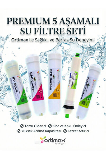 Ortimax 5'li Su Arıtma Filtre Seti – PP Sediment, GAC, CTO Karbon, Membran ve...