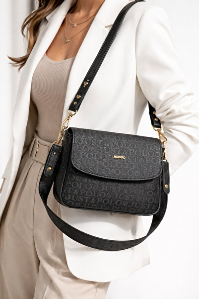 Just Polo Women's Black Print Patterned Long Strap Shoulder Bag-Bd2197