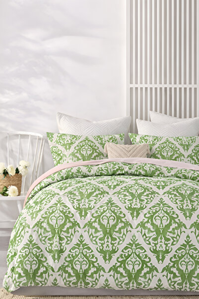 İQON طقم غطاء لحاف مطاطي مزدوج باللون الأخضر - داماسك داماسكو