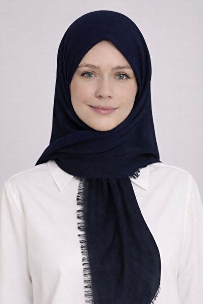 Merve Nayir Eșarfă din bumbac cu franjuri, culoare bleumarin, eșarfă simplă c...