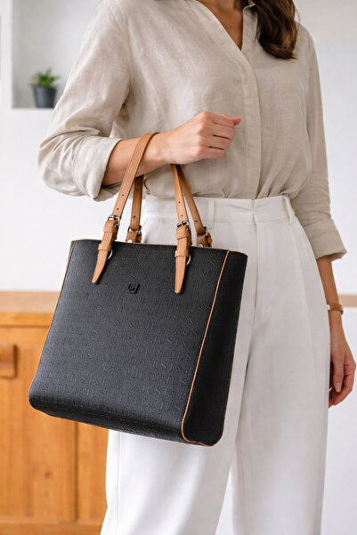 Just Polo حقيبة كتف نسائية كبيرة الحجم باللون الأسود-تان-BD4067
