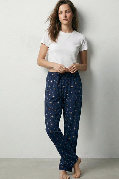 Elemge 100% Cotton Patterned Women's Pajama Bottoms Interlock Fabric Comfortable Fit Indigo Pocketless Ribbon Star Print
