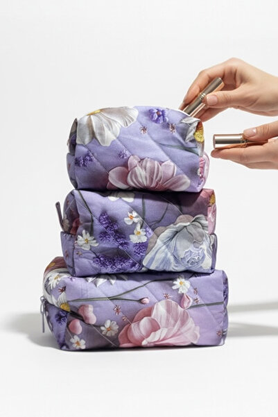 Bestway ve Diğeri Set of 3 Quilted Zippered Makeup Bags – Purple Floral Patte...