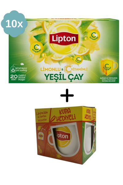 Lipton Yeşil Çay Limonlu Bardak Bitki Çayı x 10 Adet + Hediye Kupa