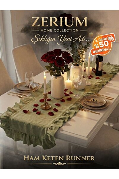 ZERİUM Natural Look Special Design Ruffled Linen Runner Olive Leaf Series (Gr...