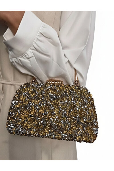 Çanta Trend Kristal Dökme Gold Taşlı Burslu Kadın El Ve Uzun Zincir Askılı Ab...