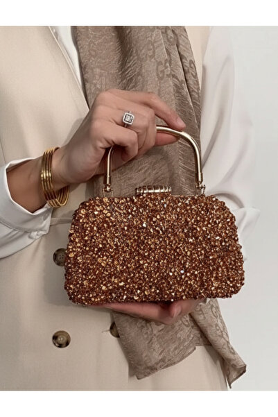 Çanta Trend Kristal Dökme Rose Taşlı Burslu Kadın El Ve Uzun Zincir Askılı Ab...