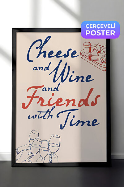 Postifull Siyah Çerçeveli Tablo, Poster ve Çerçeve Seti, Cheese And Wine Comf...